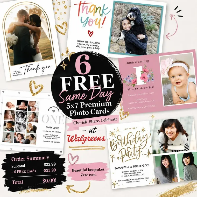 Promotional collage for Walgreens’ 6 free 5x7 premium photo cards, featuring family portraits, birthdays, thank-you cards, and savings.
