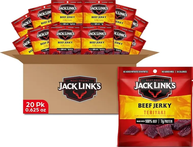 Product image of an open box filled with Jack Link’s Teriyaki Beef Jerky packets, plus one close-up bag; 20-pack snack display in red packaging.