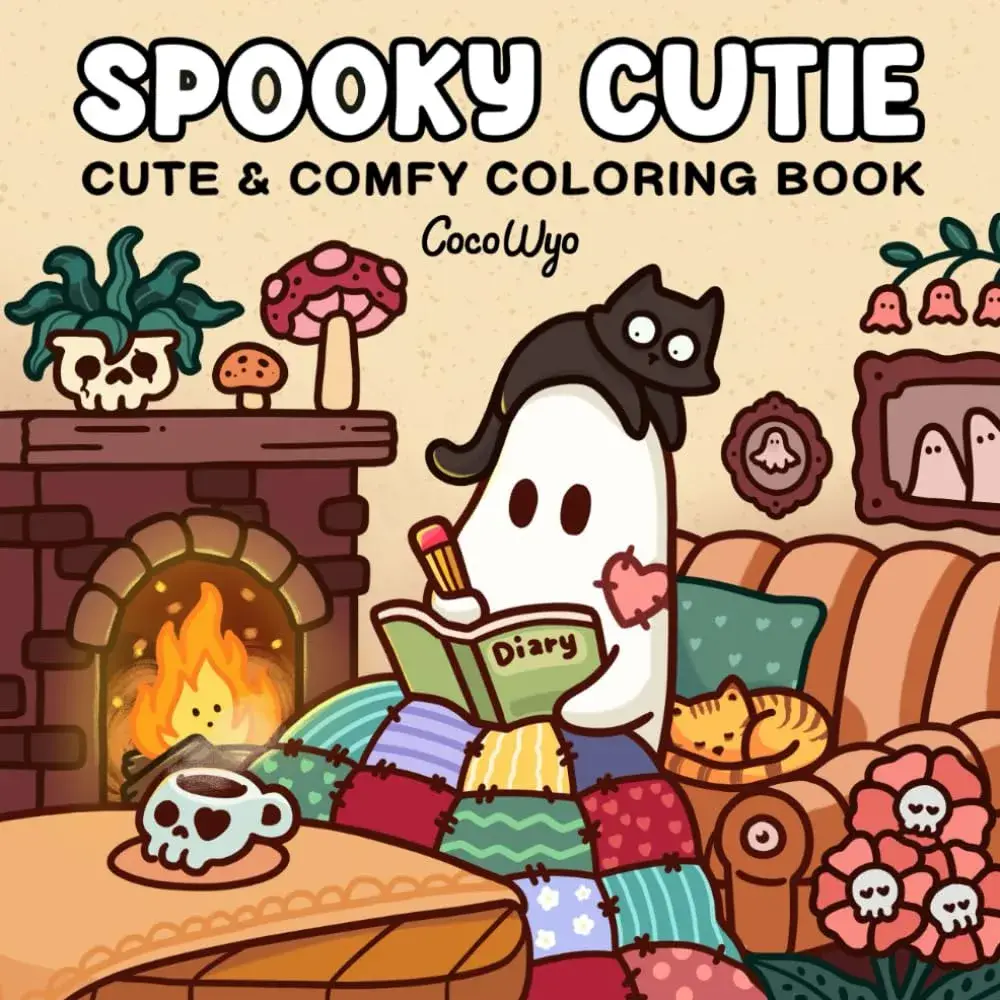Whimsical spooky coloring book cover: a ghost reads a diary by a fireplace, joined by a cat, skull mug, pumpkins, mushrooms, and cozy cats.