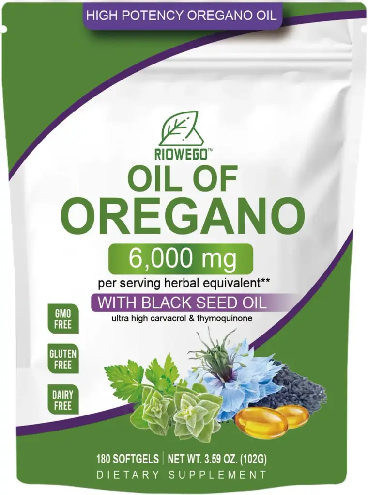 Riwogeo Oil of Oregano dietary supplement pouch labeled 6,000 mg with black seed oil; green-and-white design notes GMO-, gluten-, and dairy-free.