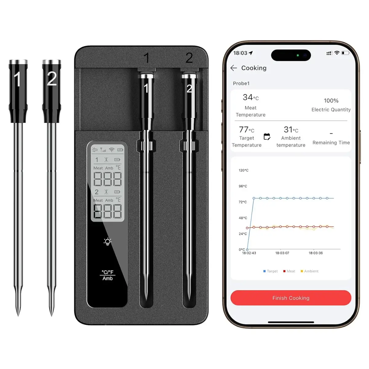 Dual-probe wireless meat thermometer with numbered probes, charging case, and smartphone app displaying cooking temperatures and progress.