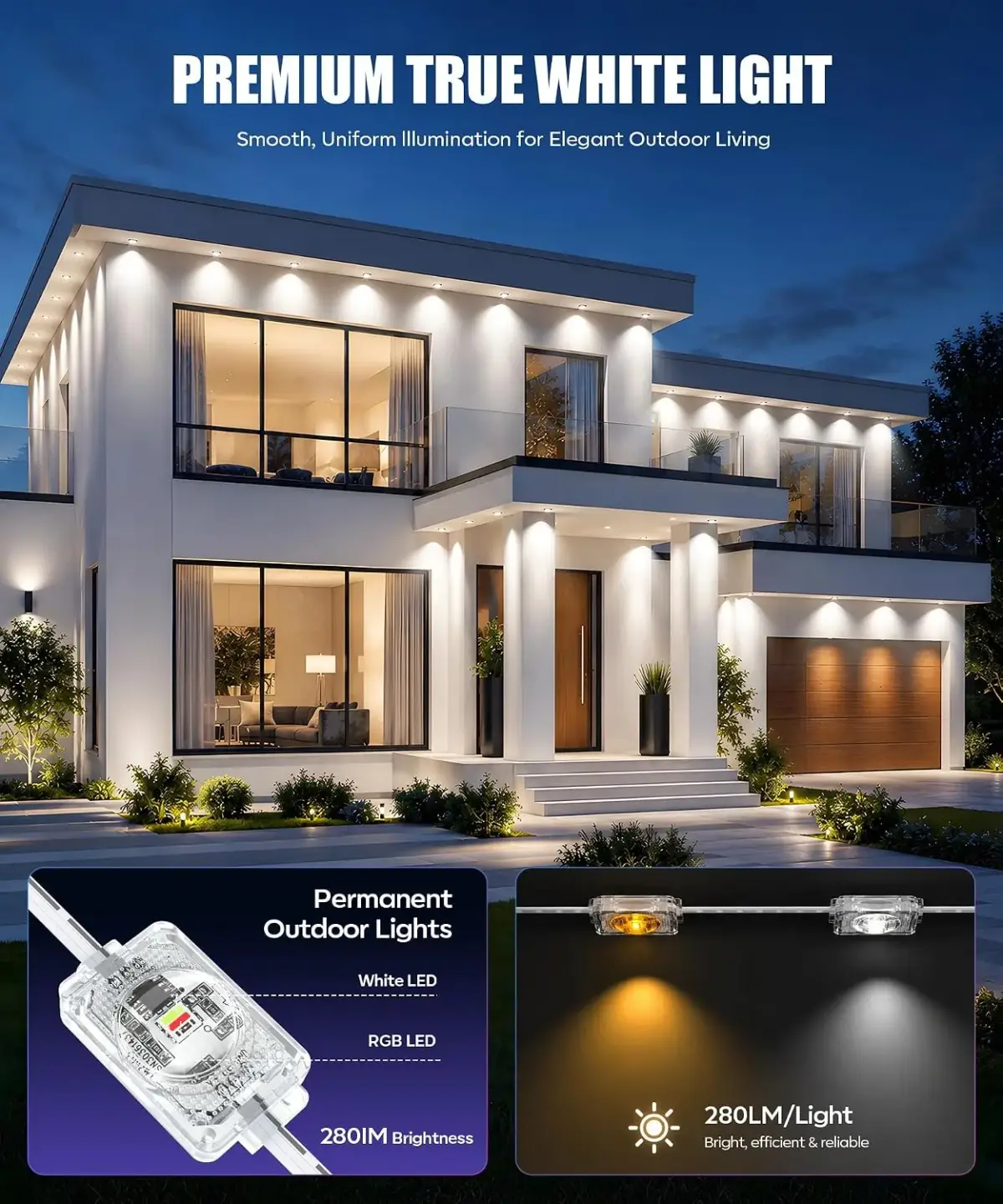 Modern luxury home at dusk illuminated by premium outdoor white LED lights, with product close-ups showing bright, warm, energy-efficient lighting.