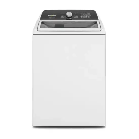 White top-loading washing machine with transparent lid, black control panel, and central dial, isolated on a clean white background.