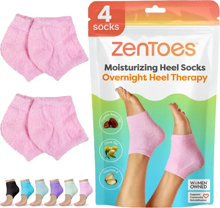 Pink ZenToes moisturizing heel socks and package labeled “Overnight Heel Therapy,” featuring shea seed oil, olive oil, and vitamin E.